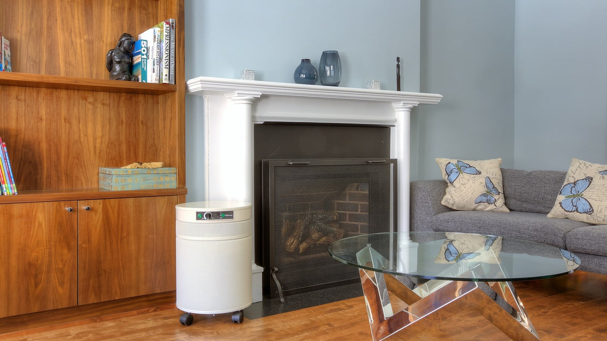 Airpura air purifier beside a living room fireplace, carbon filtration for VOCs at home