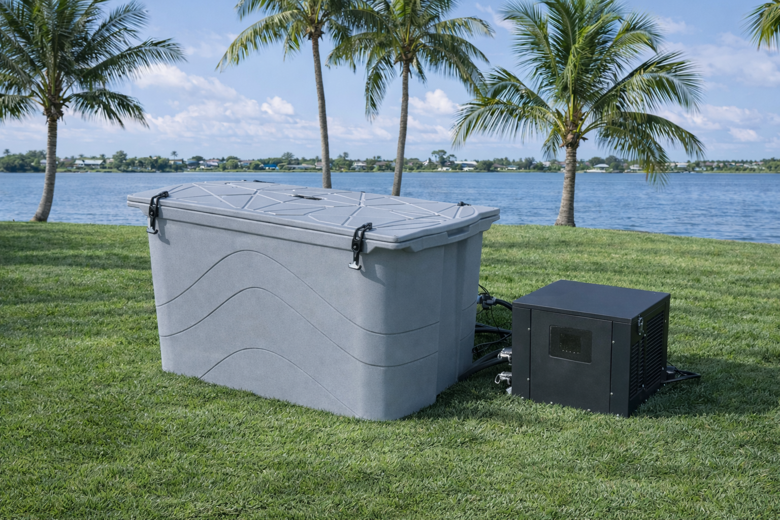 Frozin Complete Cold Plunge System, grey tub with lid on and chiller #Color_Grey Granite