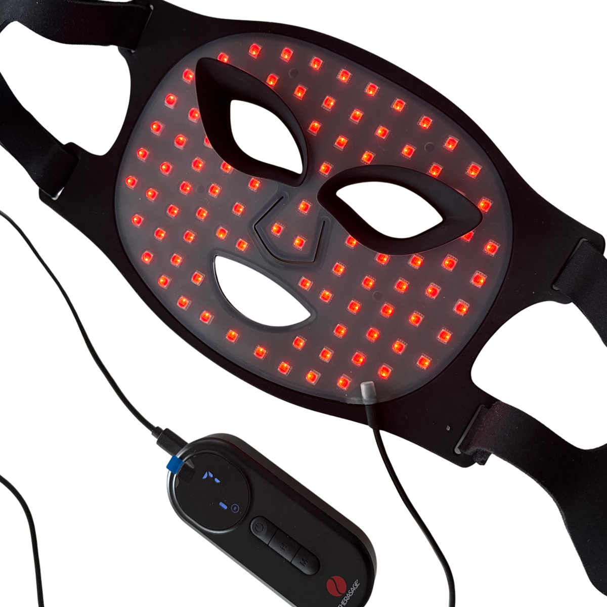 TheraGlow Mask2Go flexible LED face mask glowing red, with its handheld controller