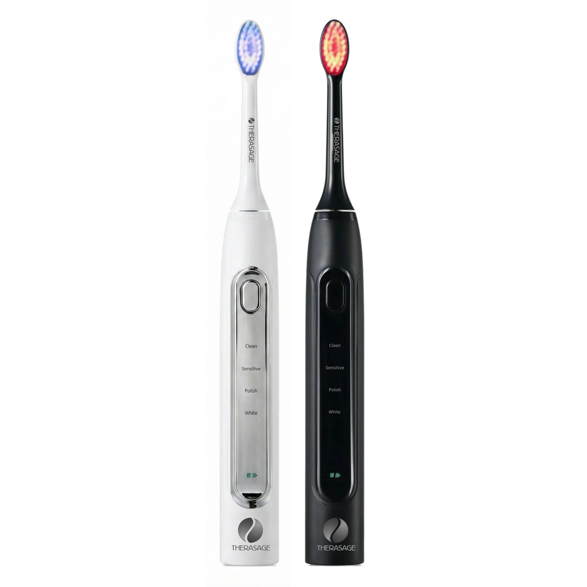 TheraSmile sonic toothbrushes in white and black, with blue and red light brush heads lit