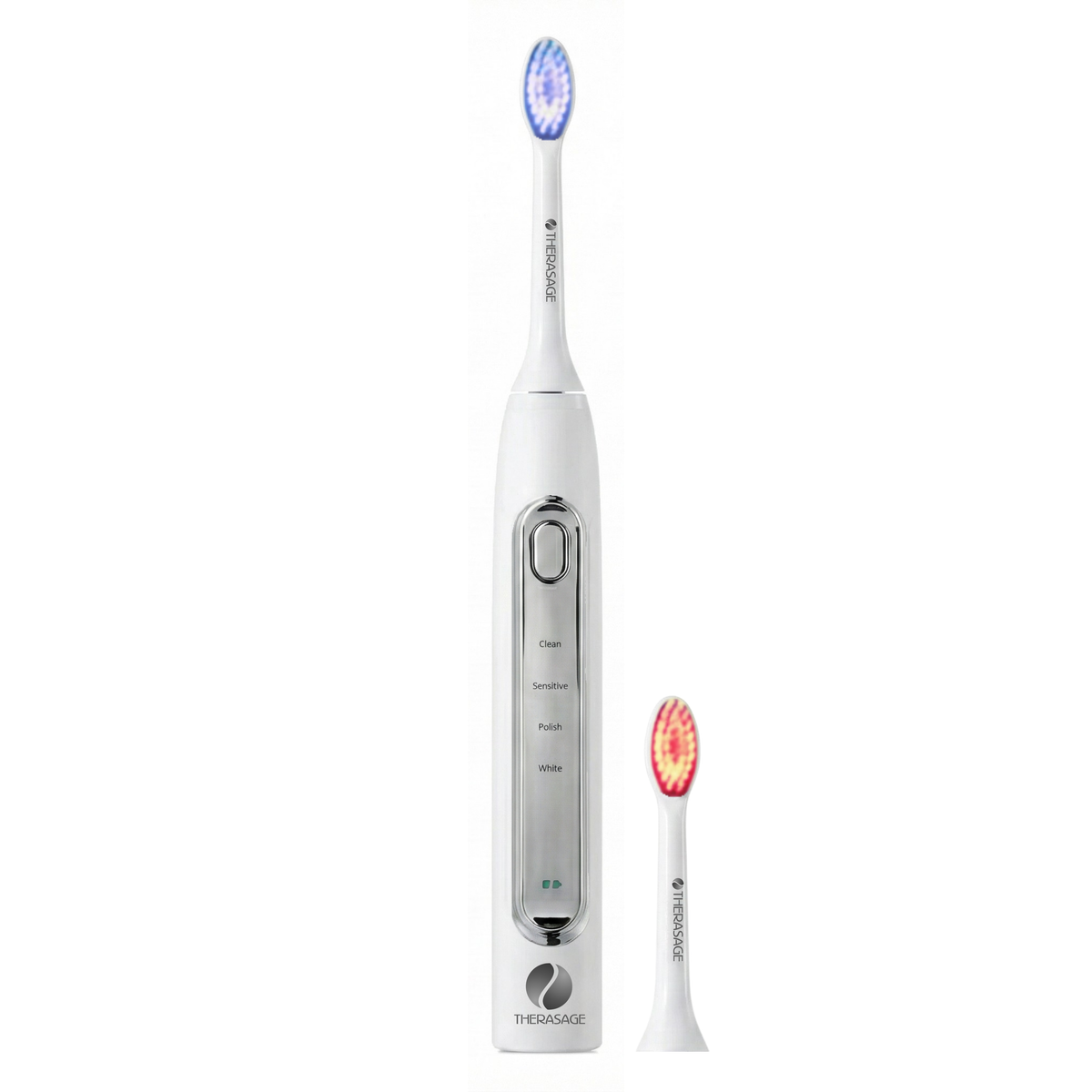 White TheraSmile toothbrush with a blue light head and a spare red light head