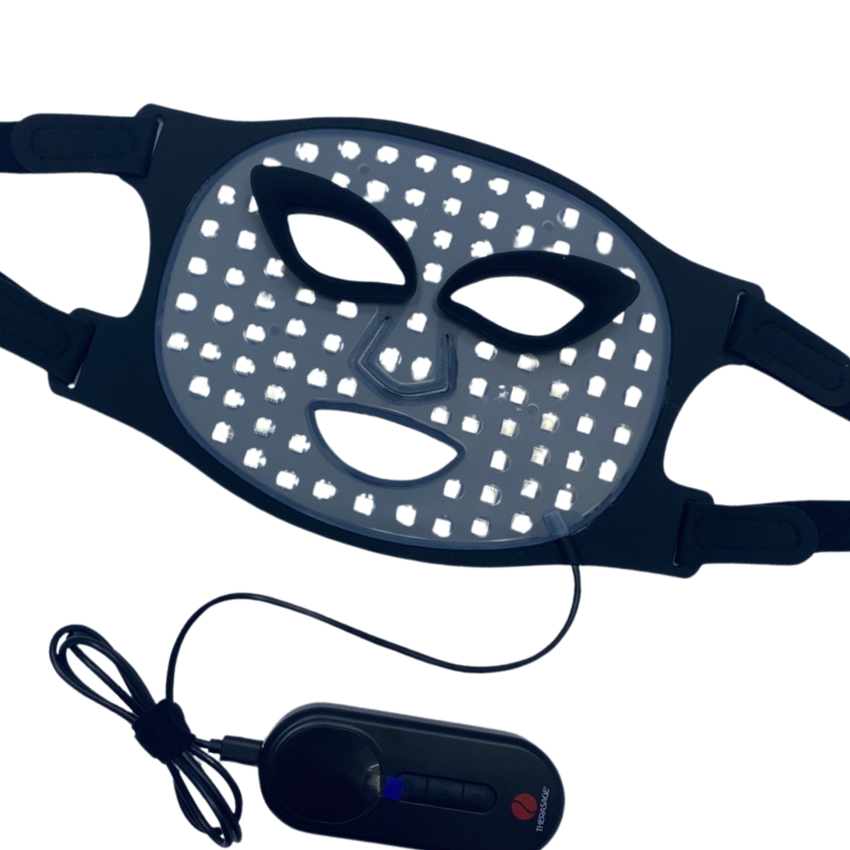 TheraGlow Mask2Go face mask with the LEDs off, shown with its controller