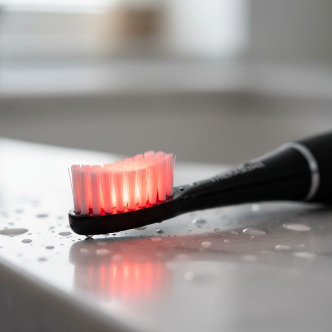 TheraSmile brush head glowing red on a wet bathroom counter