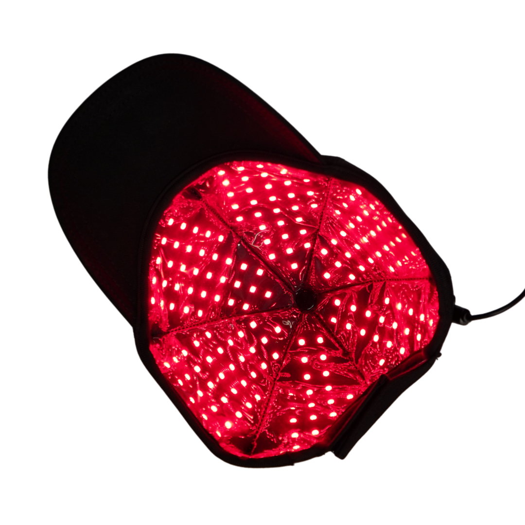 TheraCap viewed from below with all LEDs lit red