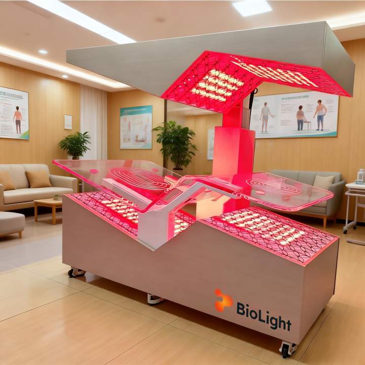 BioLight Aether Chamber with canopy raised and red LED panels glowing, shown empty in a clinic room