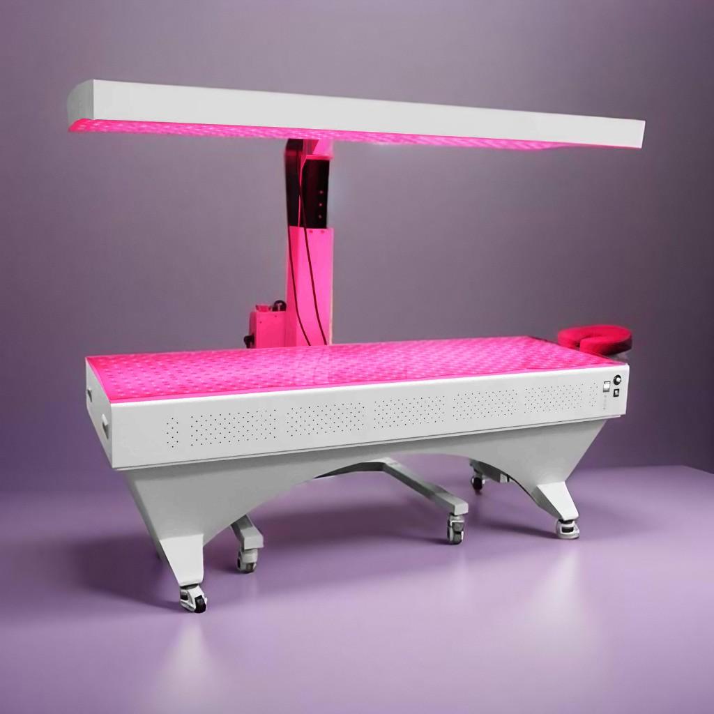 BioLight Adapt System red light therapy table with overhead panel lit, angled studio view