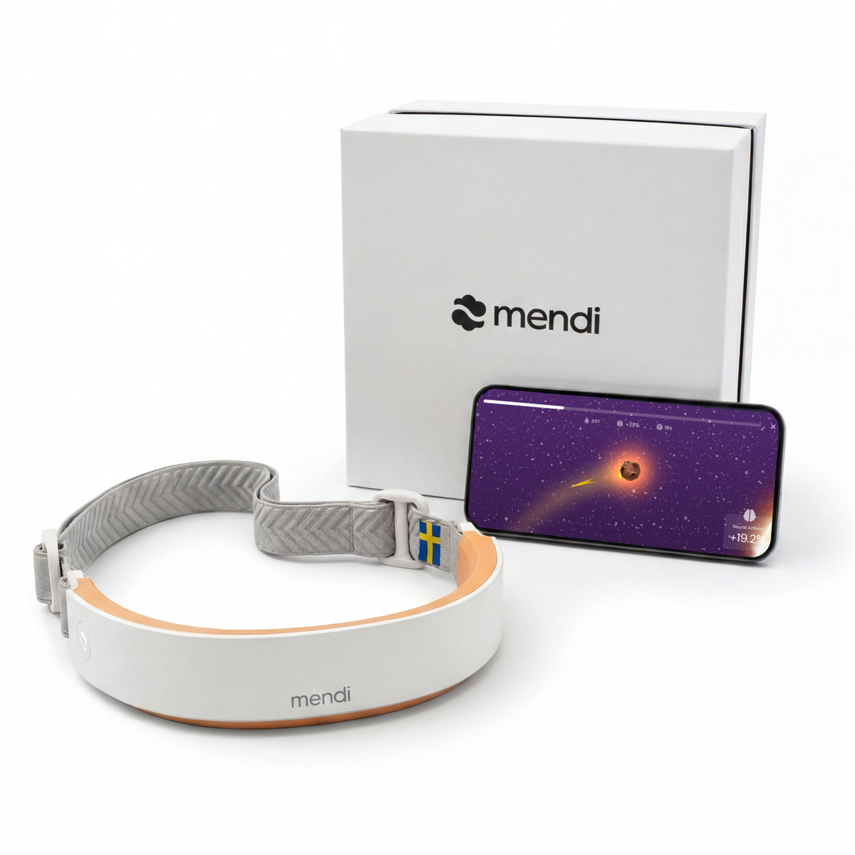 The Mendi Headset in white and orange with its box and a phone displaying the brain training game