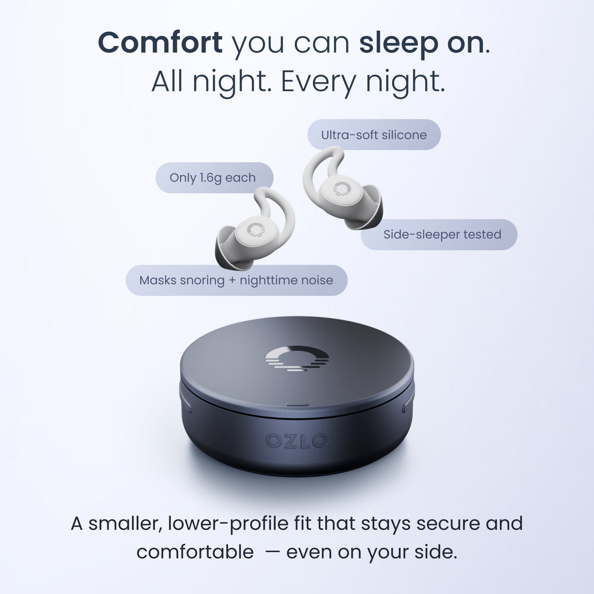 Ozlo Sleepbuds 2 earbuds beside the Smart Case