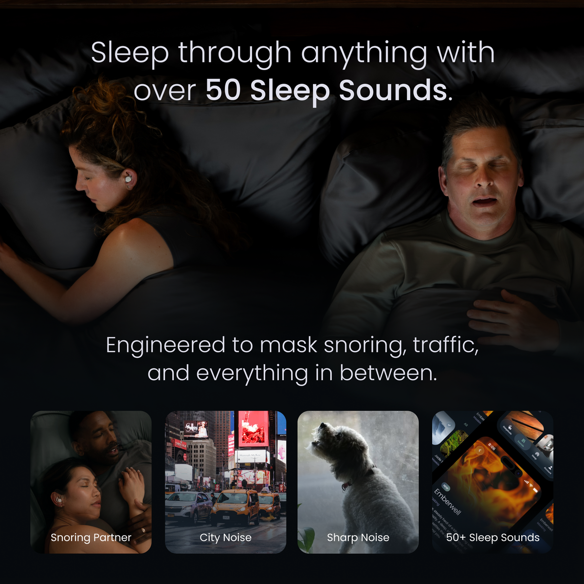 Couple in bed, Sleepbuds 2 masking a partner's snoring