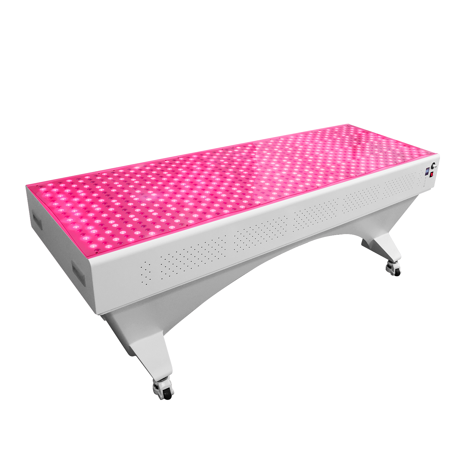 BioLight Adapt System table base alone with LED surface glowing red, no overhead panel