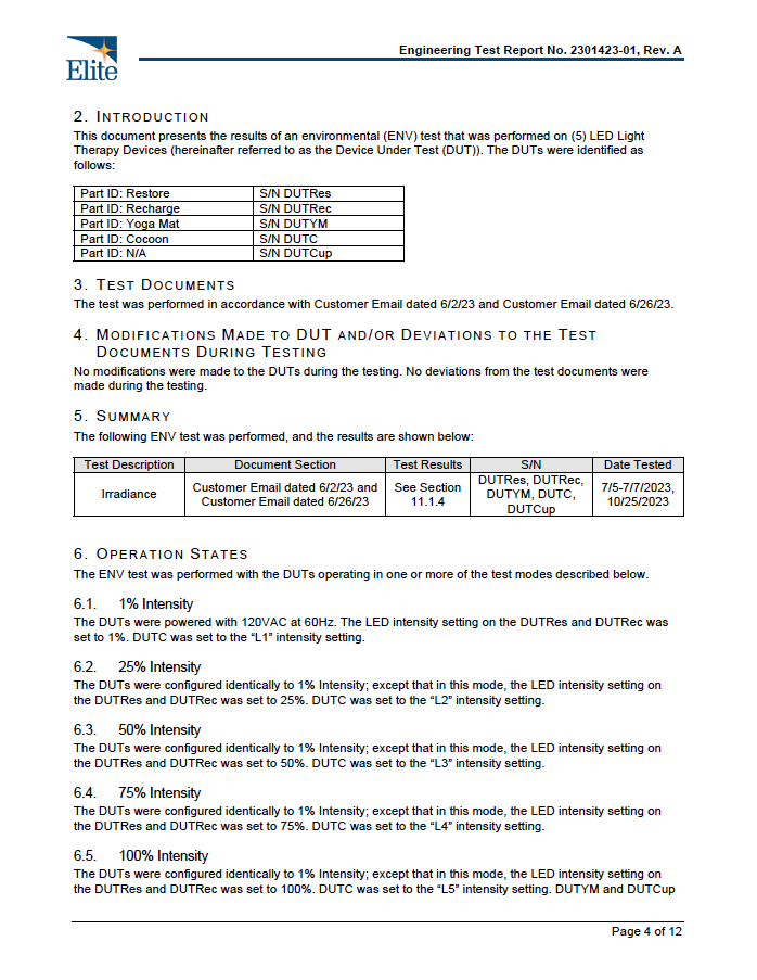 Test report page listing the BioLight Cocoon among LED devices tested and their intensity settings