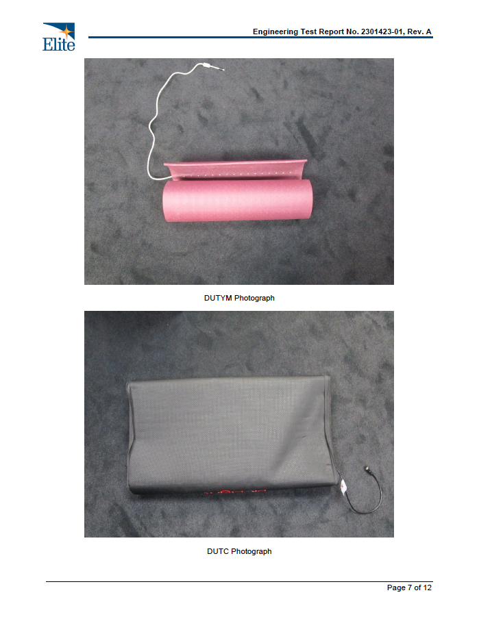 Test report page with lab photographs of the BioLight Cocoon pod and yoga mat devices under test