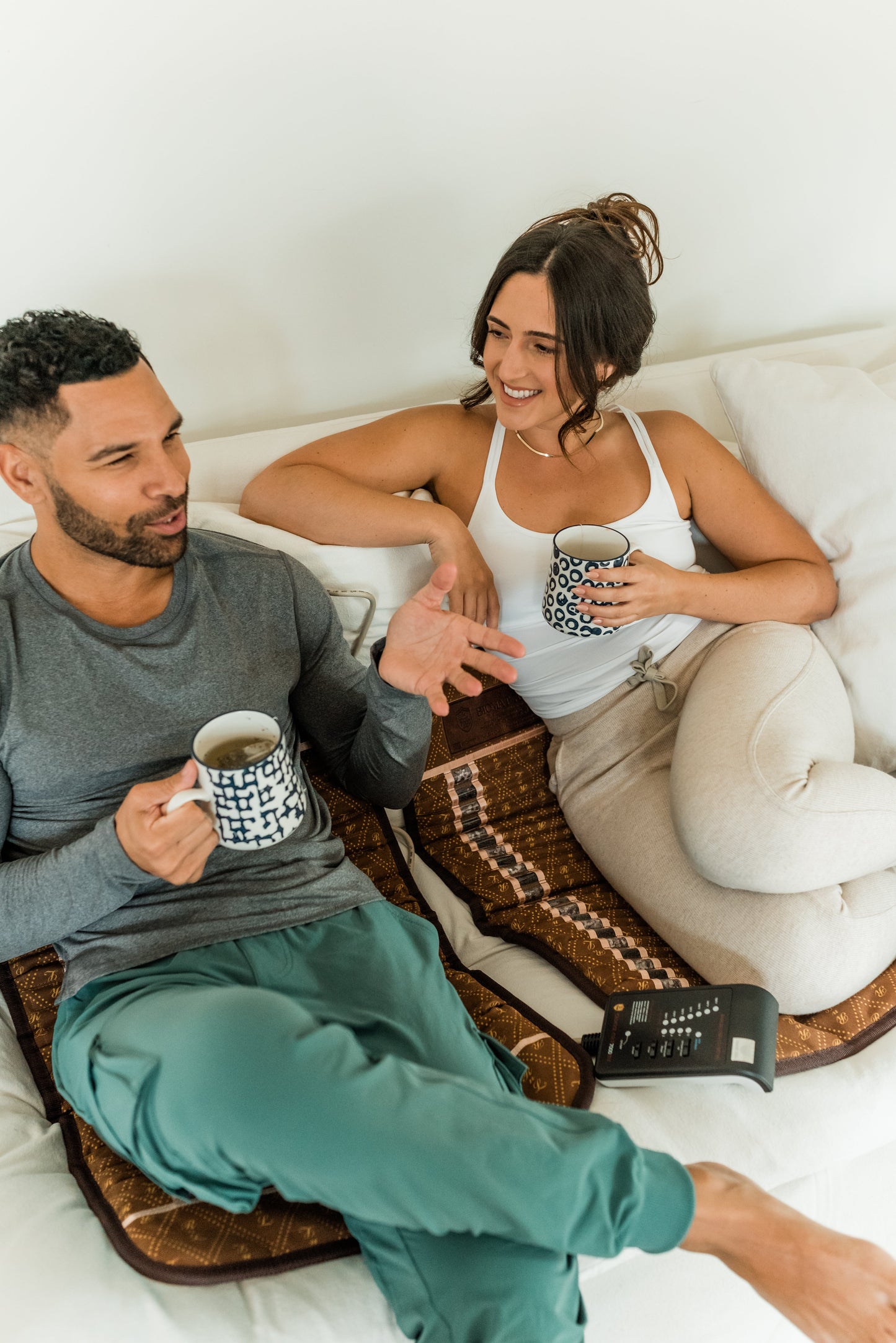 Relaxing with coffee and the BioMat Mini