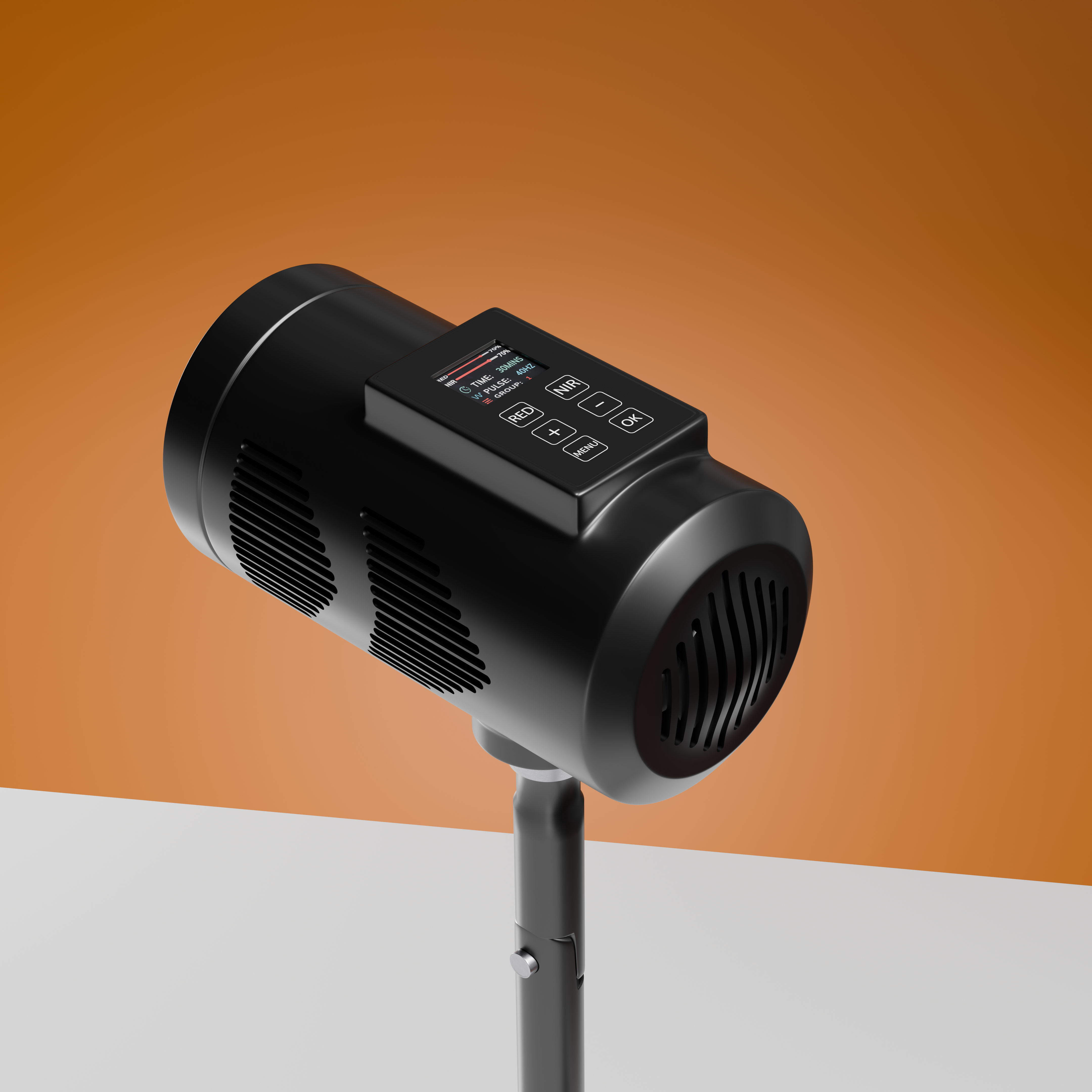 Rear view of the black BioLight Beam showing cooling vents, display, and control buttons