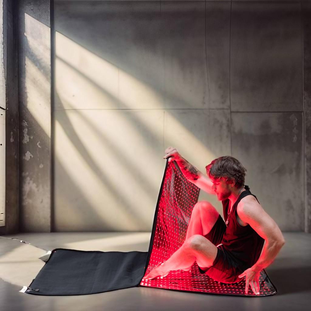 Man lifts the lit LED panel of the BioLight Cocoon red light therapy pod while seated on its open mat