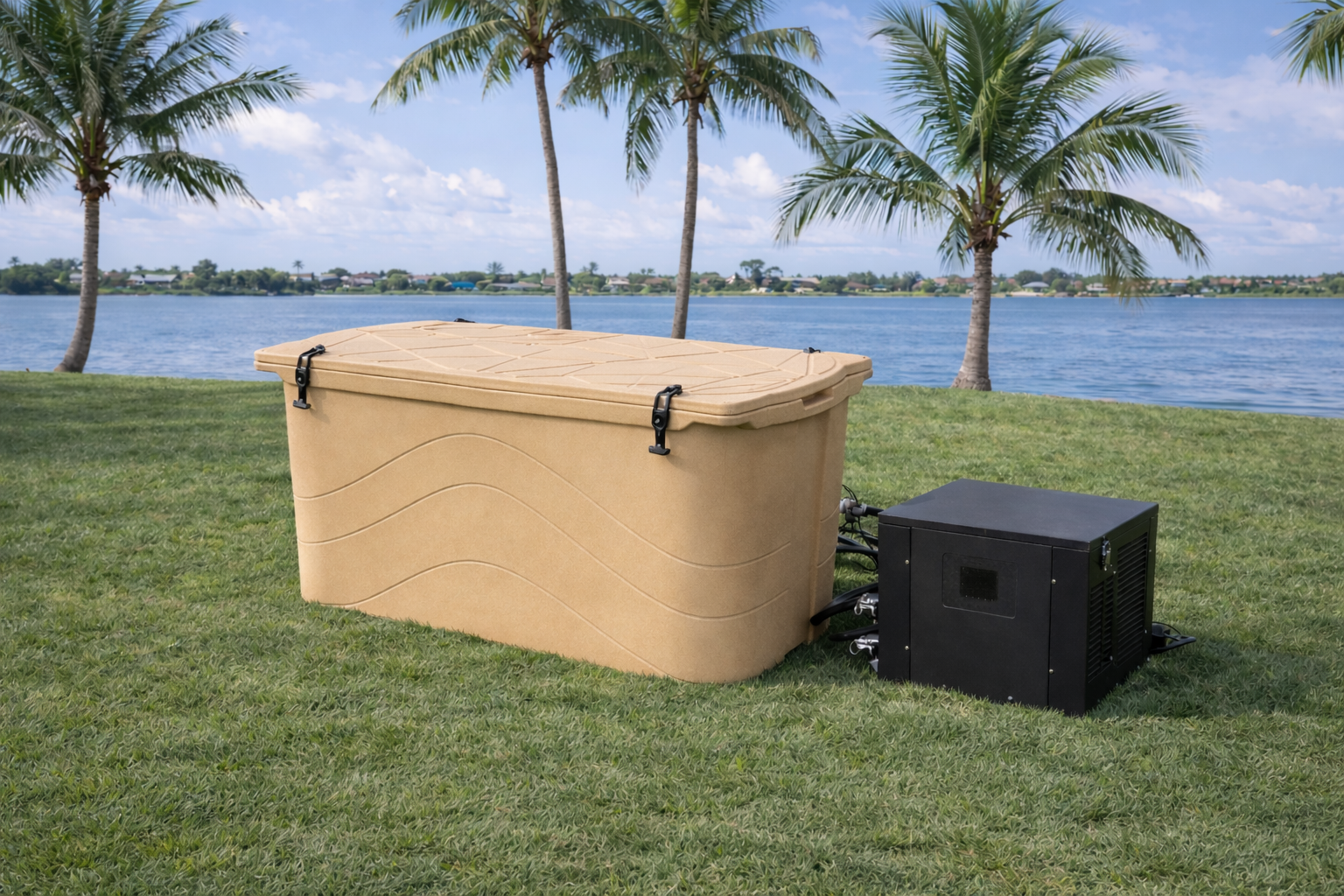 Frozin Complete Cold Plunge System, tan tub with lid on and chiller #Color_Tan