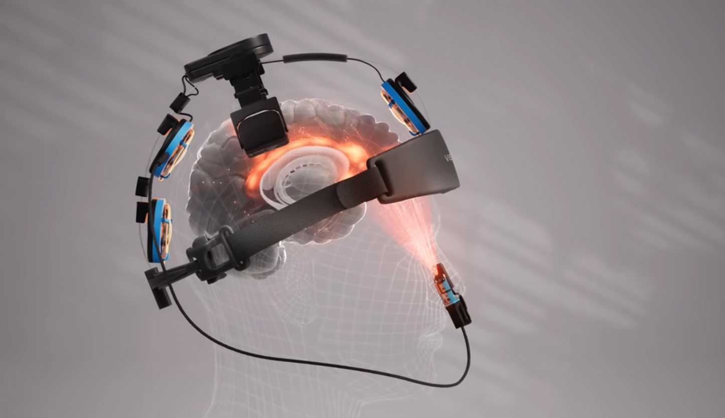 Neuro 4 platform illustration, light reaching deep brain regions, the same headset the Neuro Alpha 4 uses