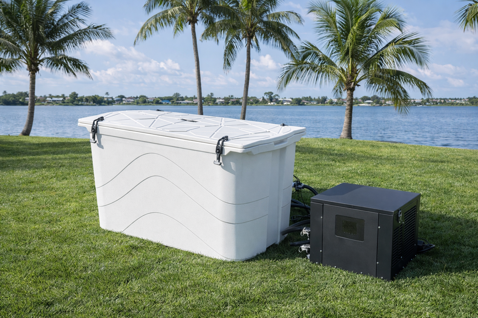 Frozin Complete Cold Plunge System, white tub with lid on and chiller #Color_White Granite