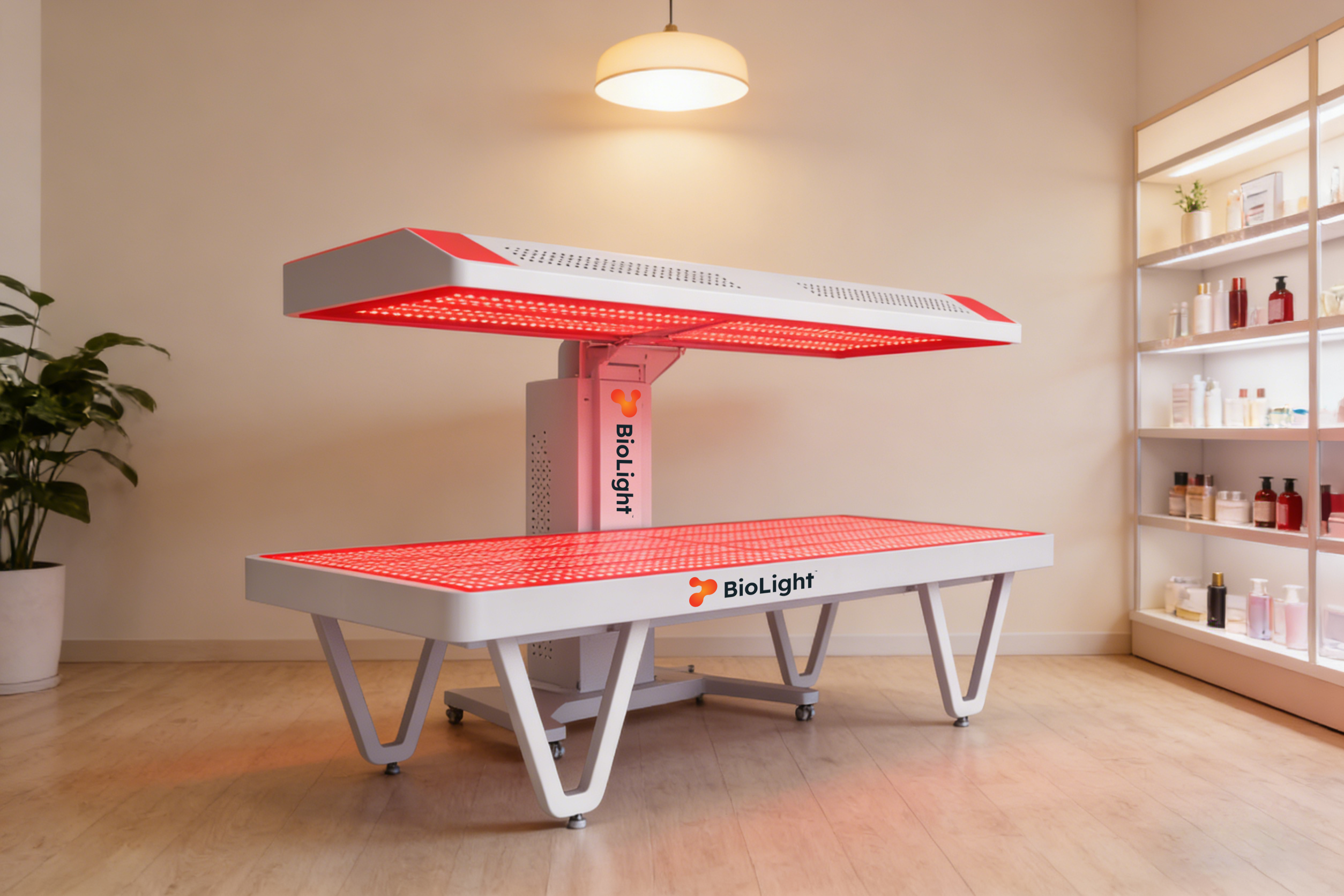 BioLight Arc System in a studio, overhead LED panel and full-length base both glowing red