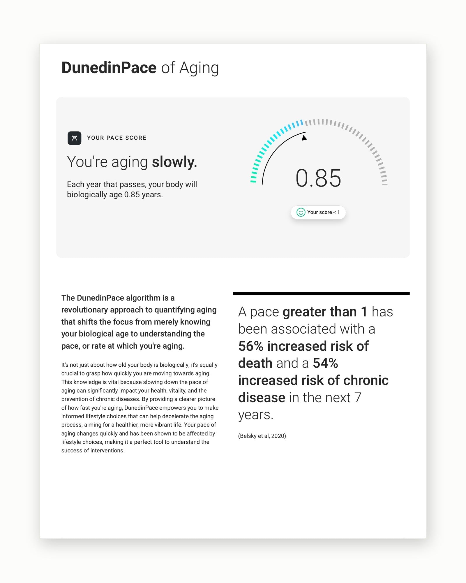 Sample report page showing DunedinPACE pace of aging score