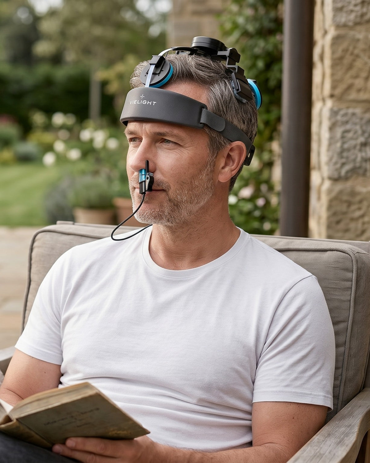 Vielight Neuro 4 headset in use while reading outdoors