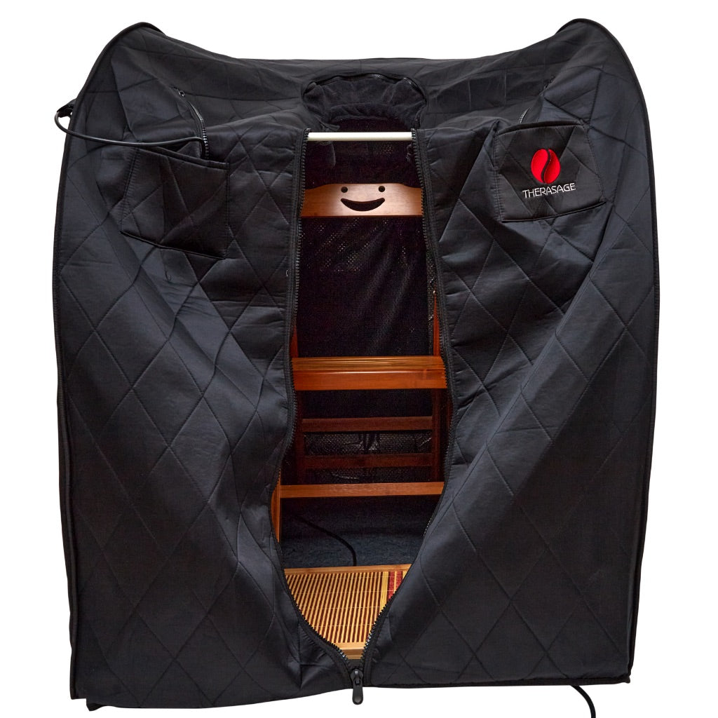 Portable infrared sauna open and ready for a session