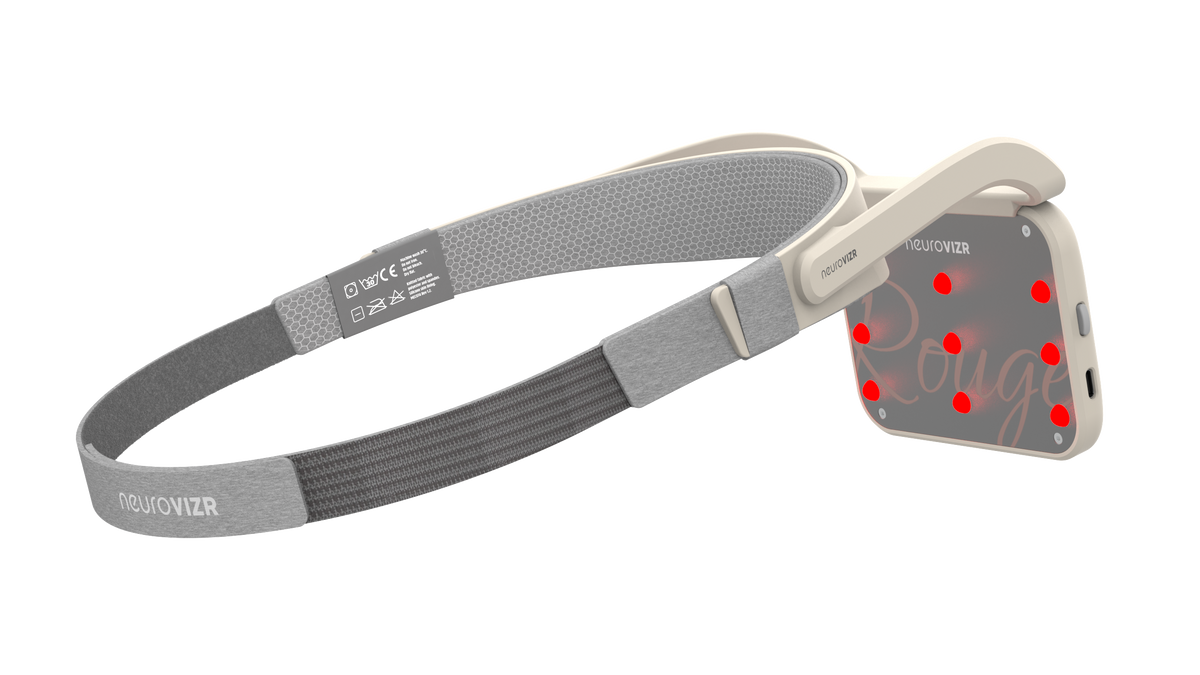Light and sound device on its headband with the LED array lit for a brainwave entrainment session