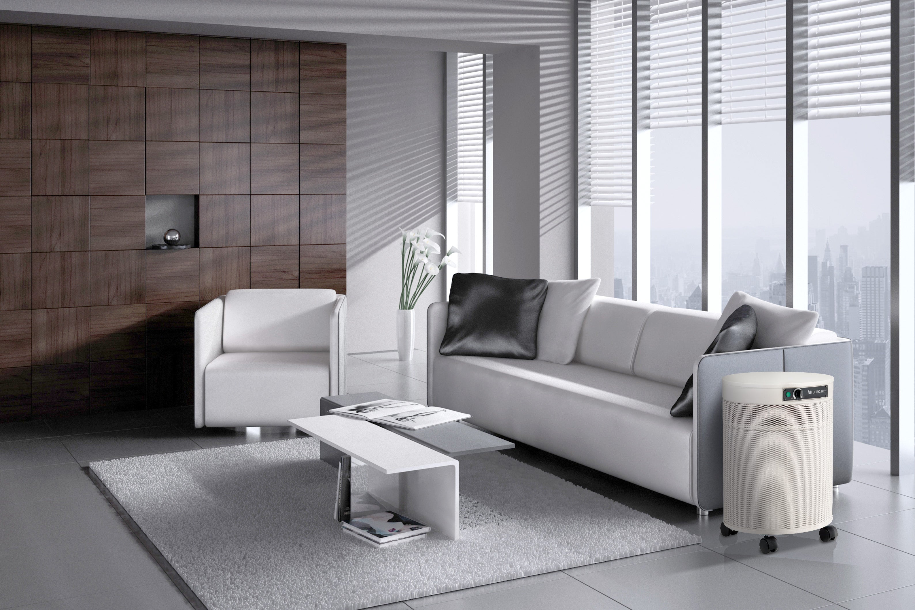 Airpura air purifier keeping the air clean in a modern living room