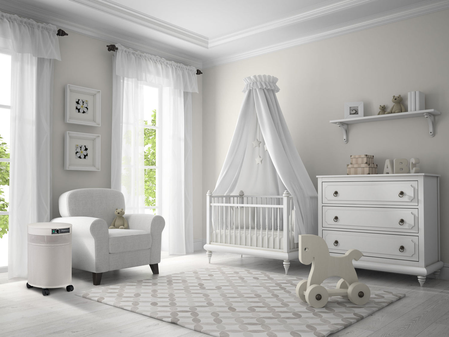 Airpura air purifier in cream finish in a living room