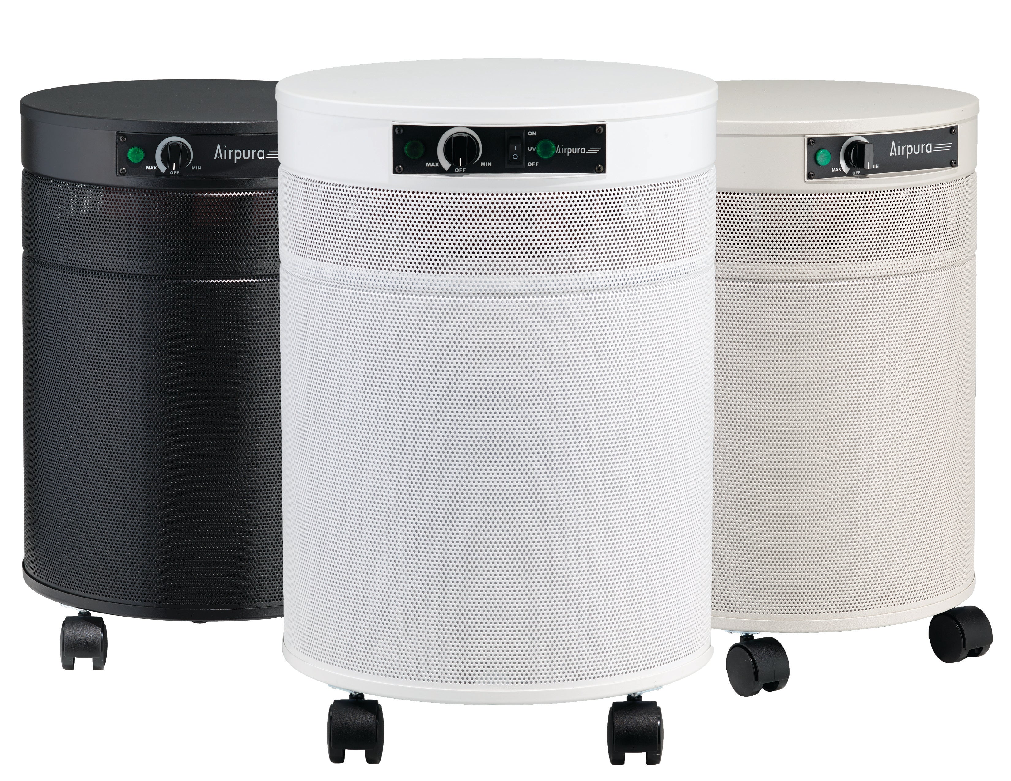 Airpura air purifiers in white, black, and cream finishes