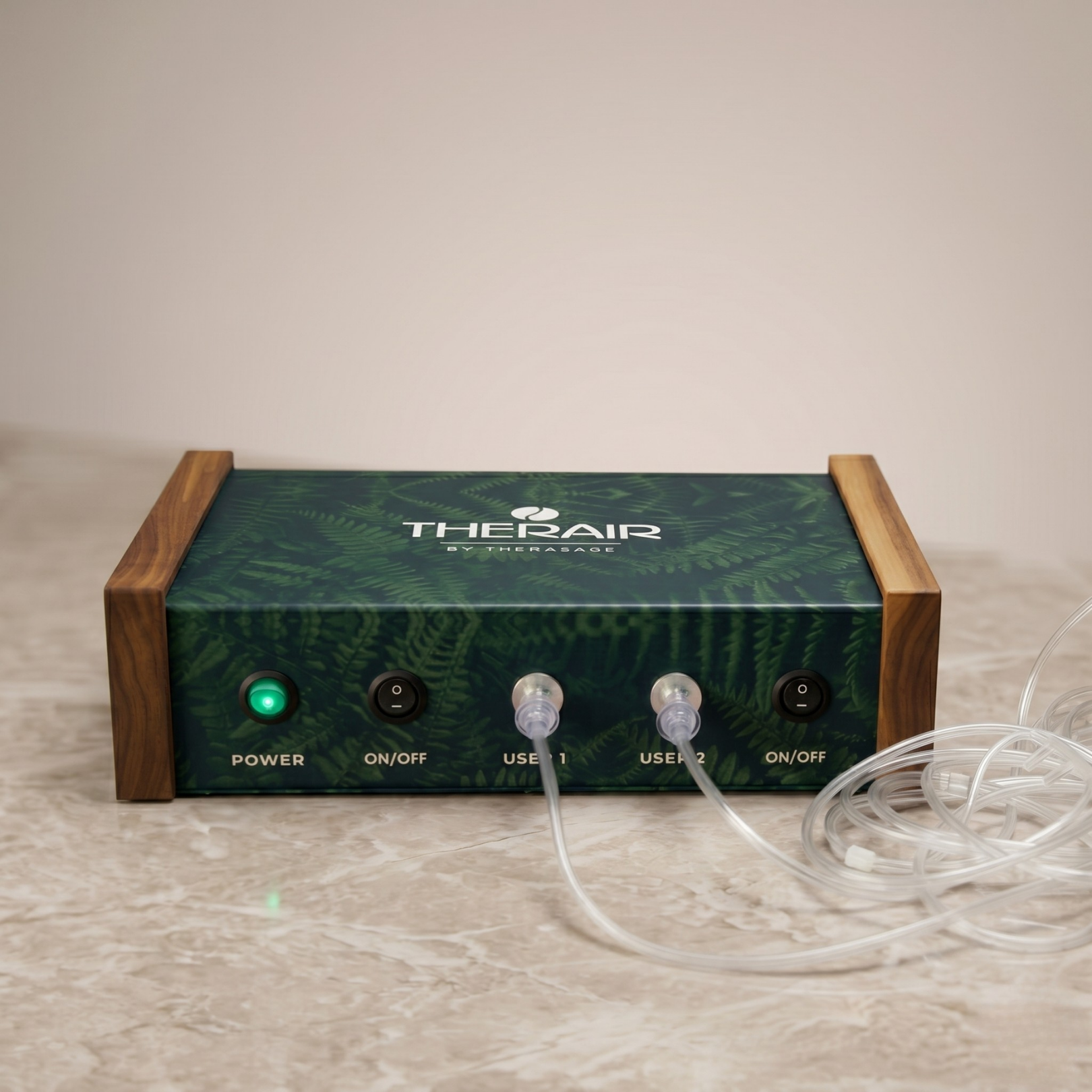 TherAir Pro on a countertop with two nasal cannulas connected