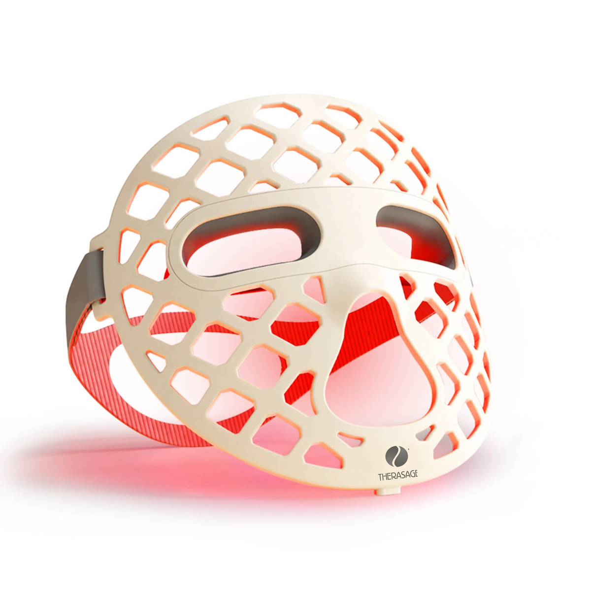 TheraGlow Mask2Go+ open lattice LED face mask lit red, angled view