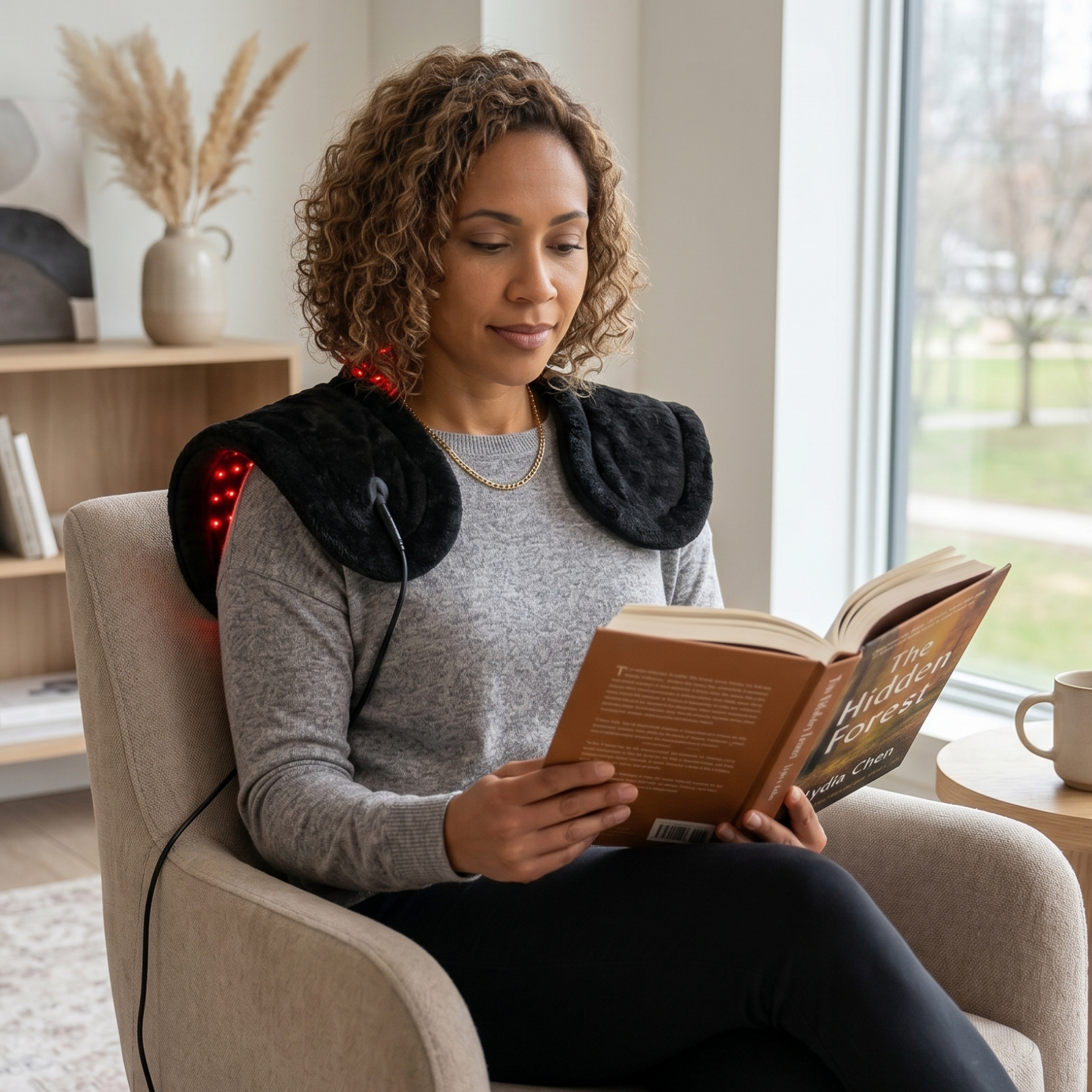 TheraPerfect Pad worn over the shoulders while reading in an armchair