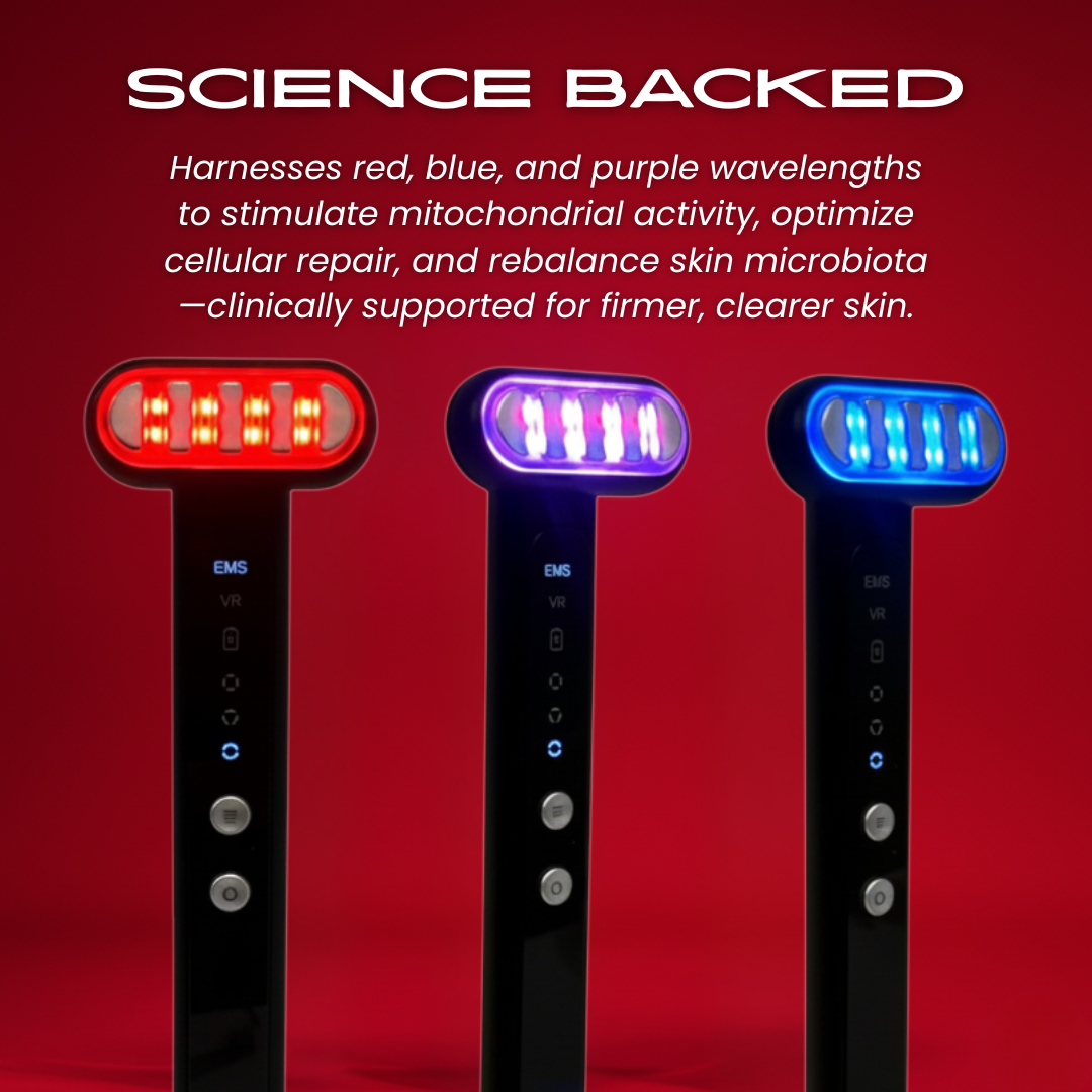 TheraSculpt graphic showing red, purple and blue light modes