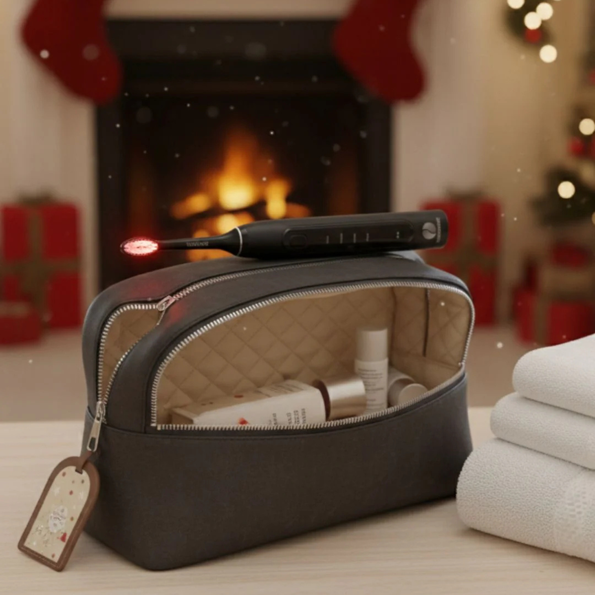 Black TheraSmile resting on a travel toiletry bag by a fireplace