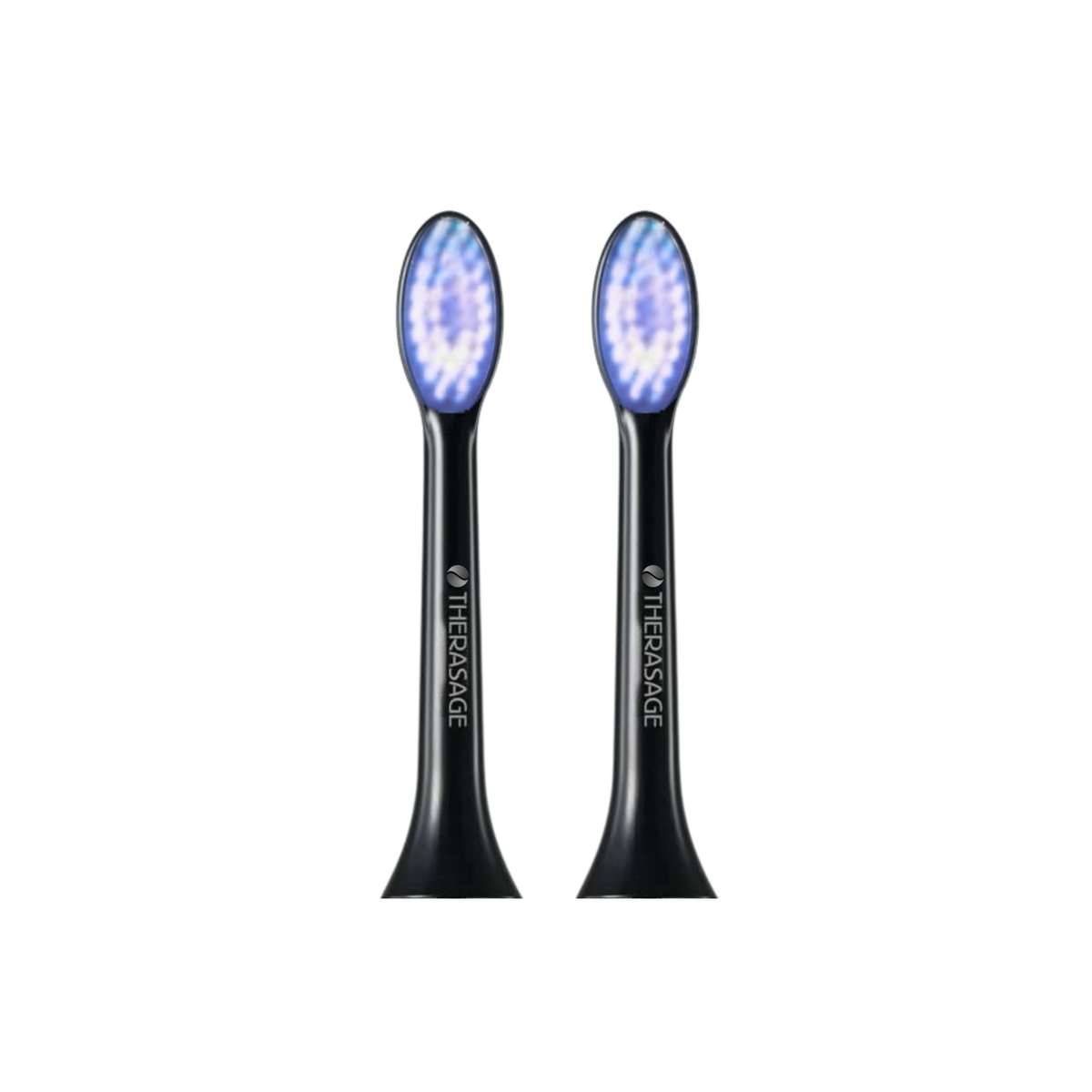 Two black TheraSmile replacement brush heads with blue light