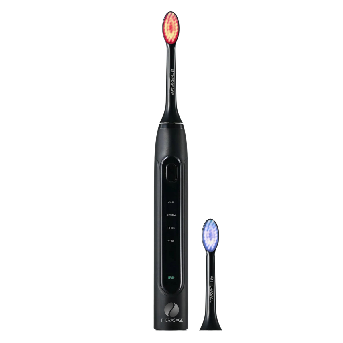 Black TheraSmile toothbrush with a red light head and a spare blue light head