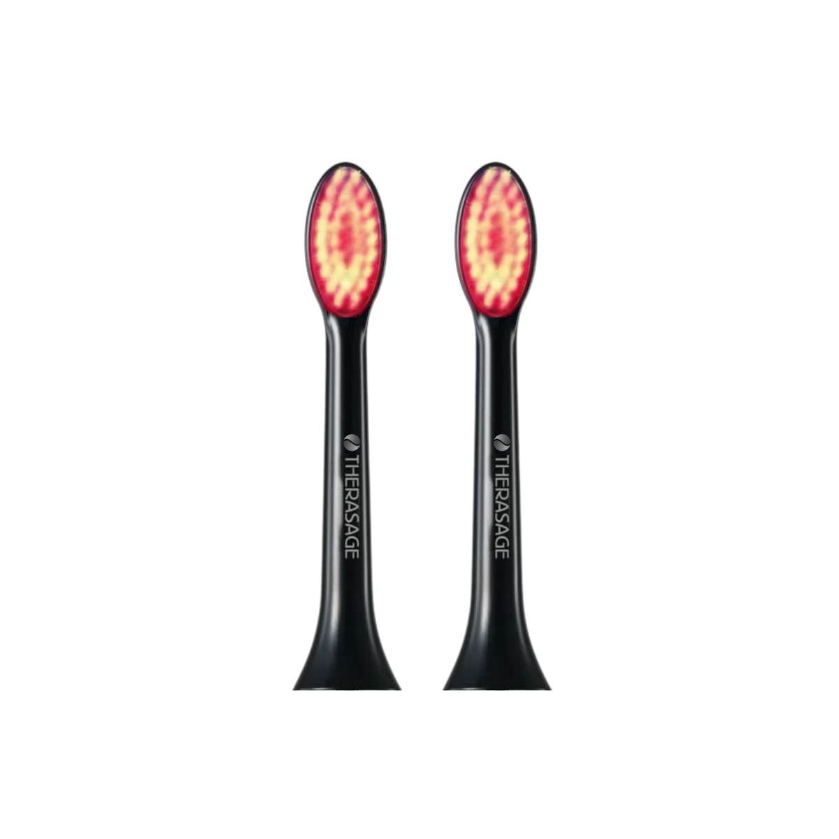 Two black TheraSmile replacement brush heads with red light