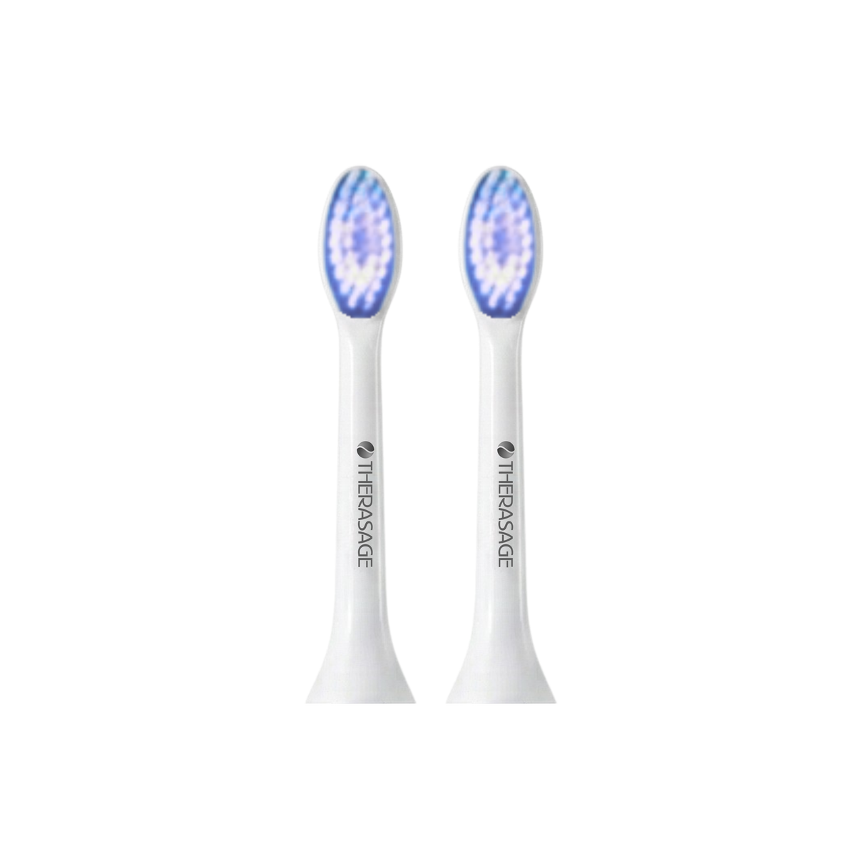 Two white TheraSmile replacement brush heads with blue light