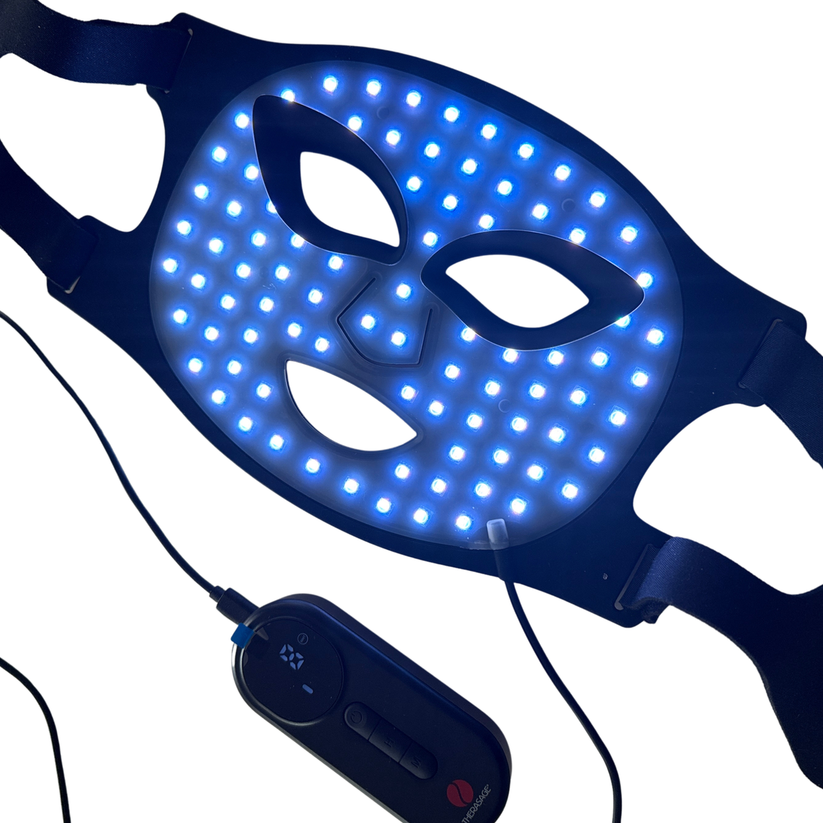 TheraGlow Mask2Go face mask glowing cyan