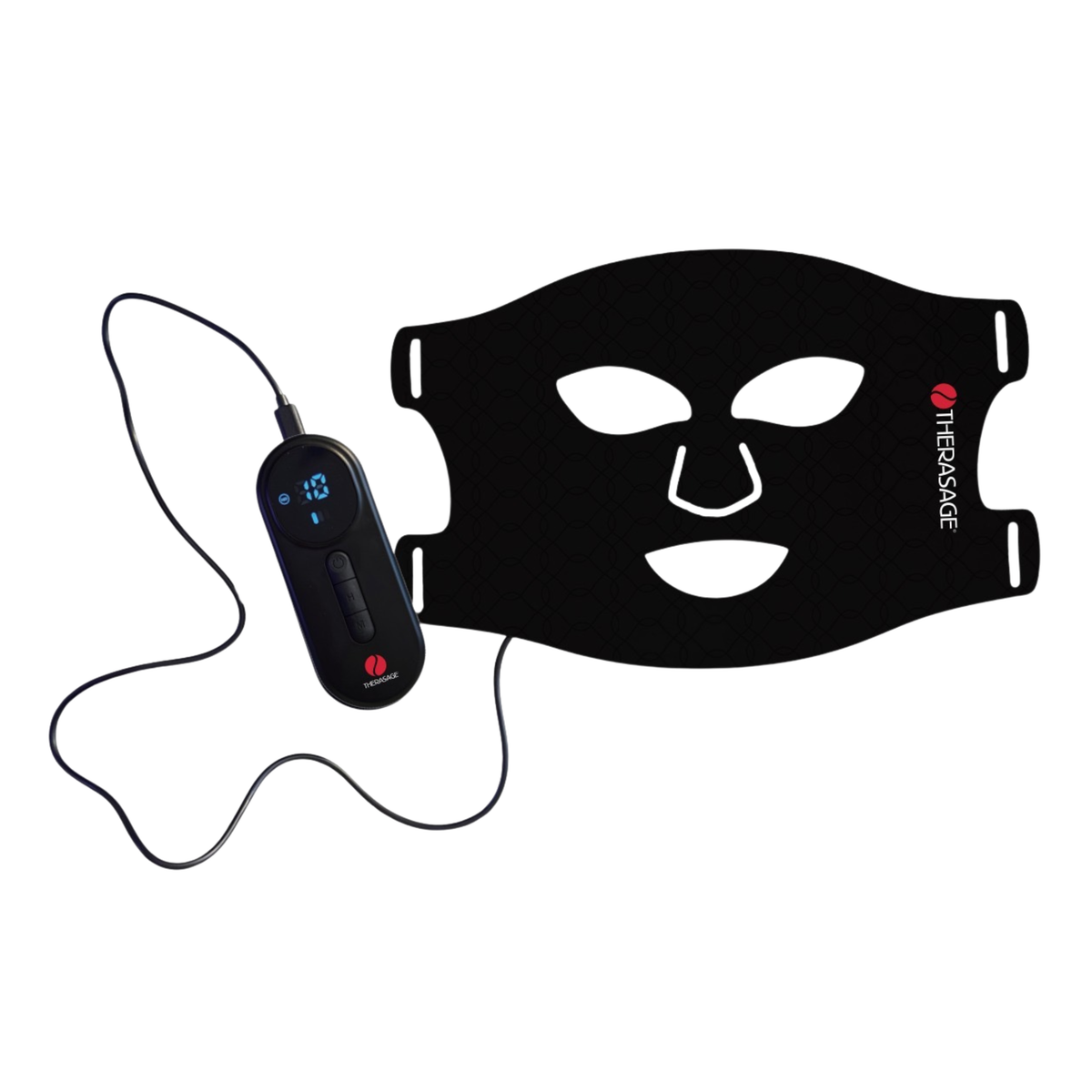 TheraGlow Mask2Go flexible face mask laid flat with its controller