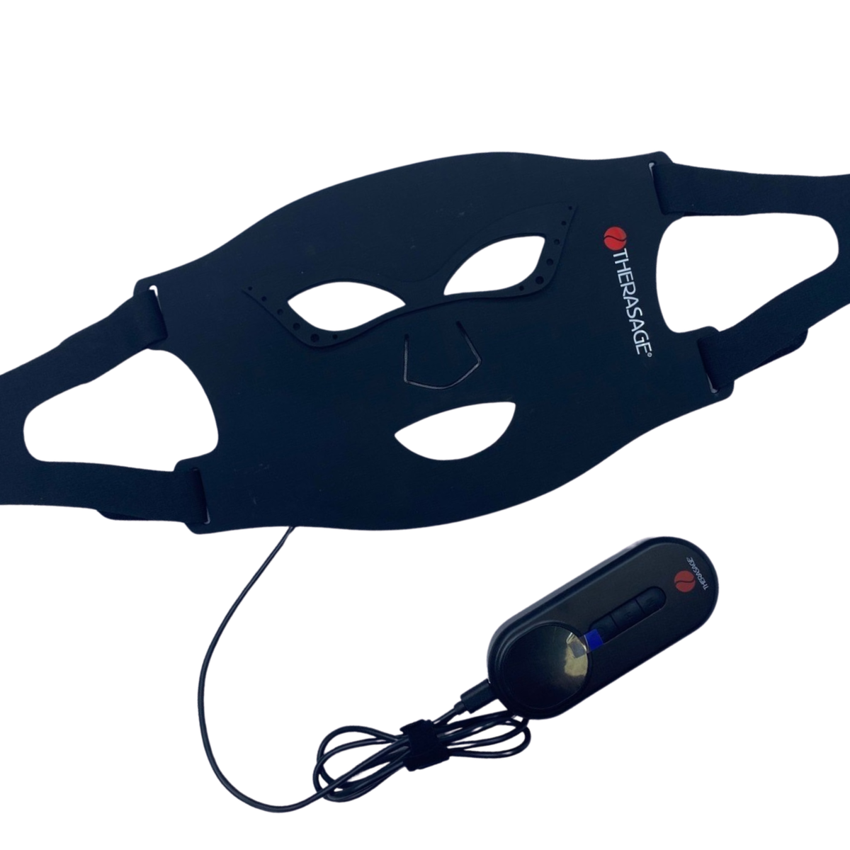 Front of the TheraGlow Mask2Go face mask with straps and controller