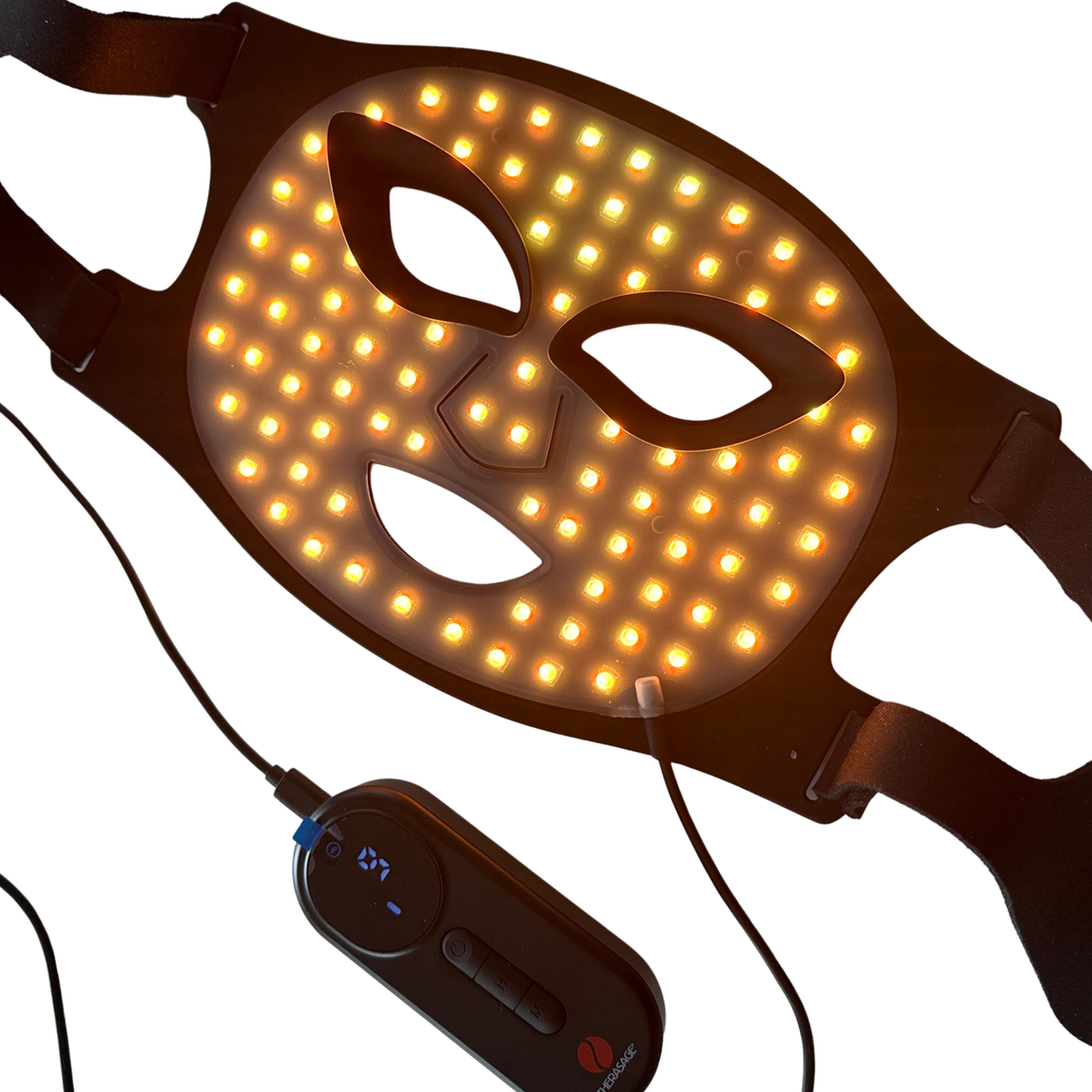 TheraGlow Mask2Go face mask glowing yellow, with its controller