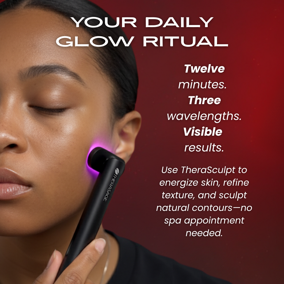 TheraSculpt daily routine graphic with a woman using the device