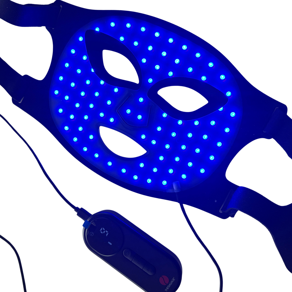 TheraGlow Mask2Go face mask glowing blue