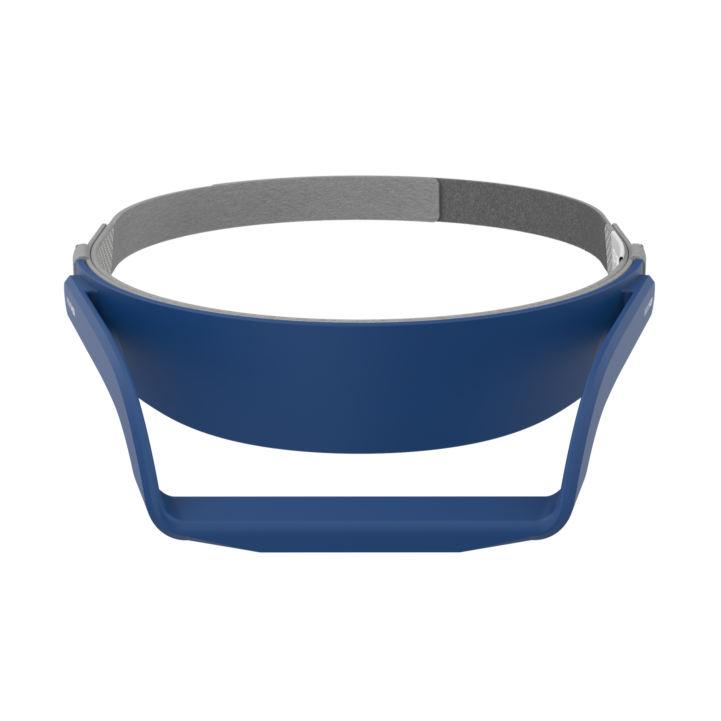 NeuroVIZR Headgear front view, blue device mount on grey elastic strap