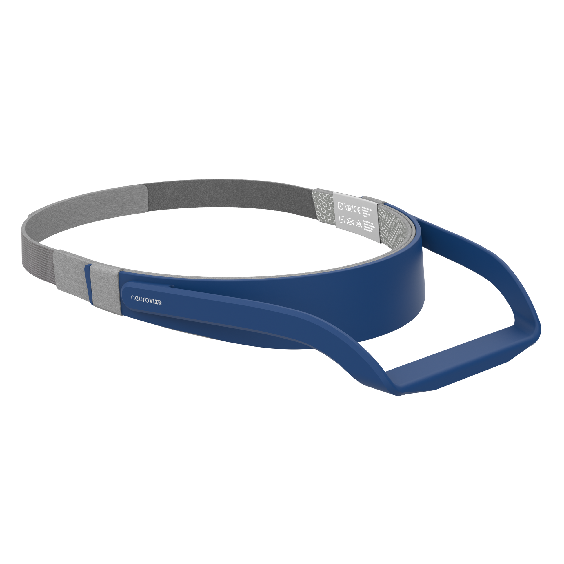 NeuroVIZR Headgear, grey strap and blue device mount from above