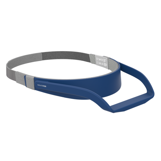 NeuroVIZR Headgear, grey strap and blue device mount from above