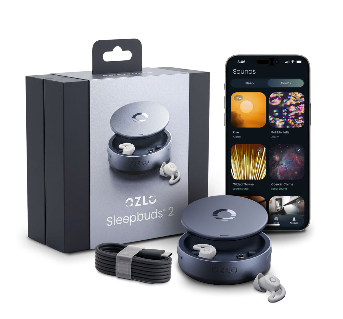 Sleepbuds 2 box contents: earbuds, Smart Case and USB-C cable