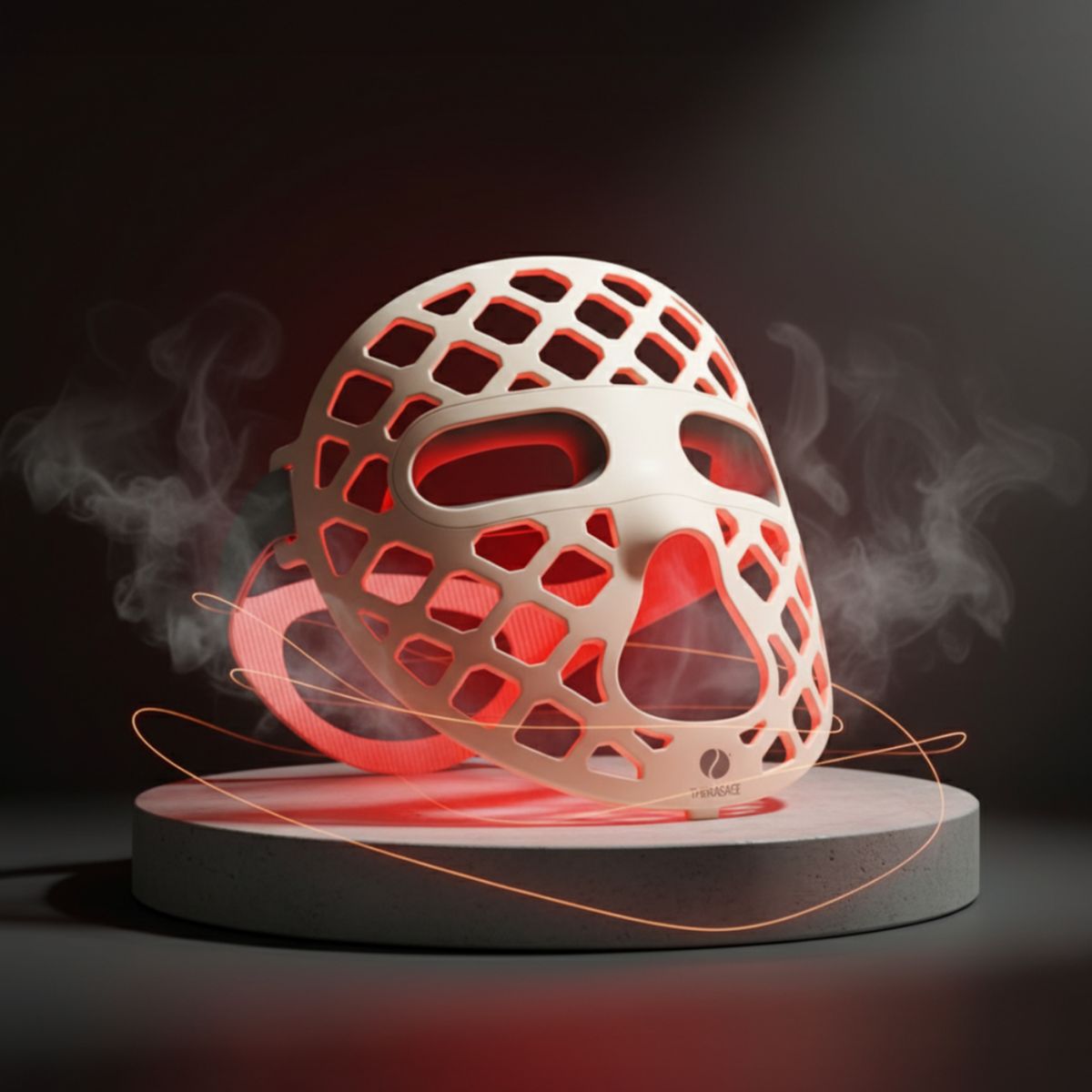 TheraGlow Mask2Go+ face mask glowing red on a round stand